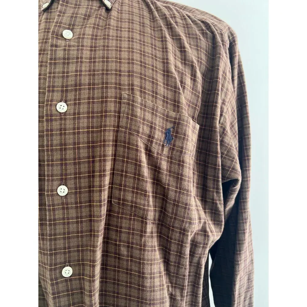 Polo Ralph Lauren Men's Button Down Casual Dress Shirt Brown Plaid Size Large SG